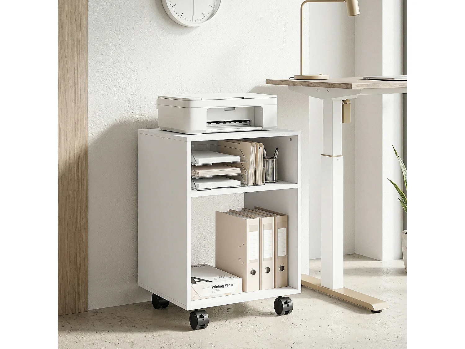 Mobile porta stampante con 2 scomparti aperti in legno bianco