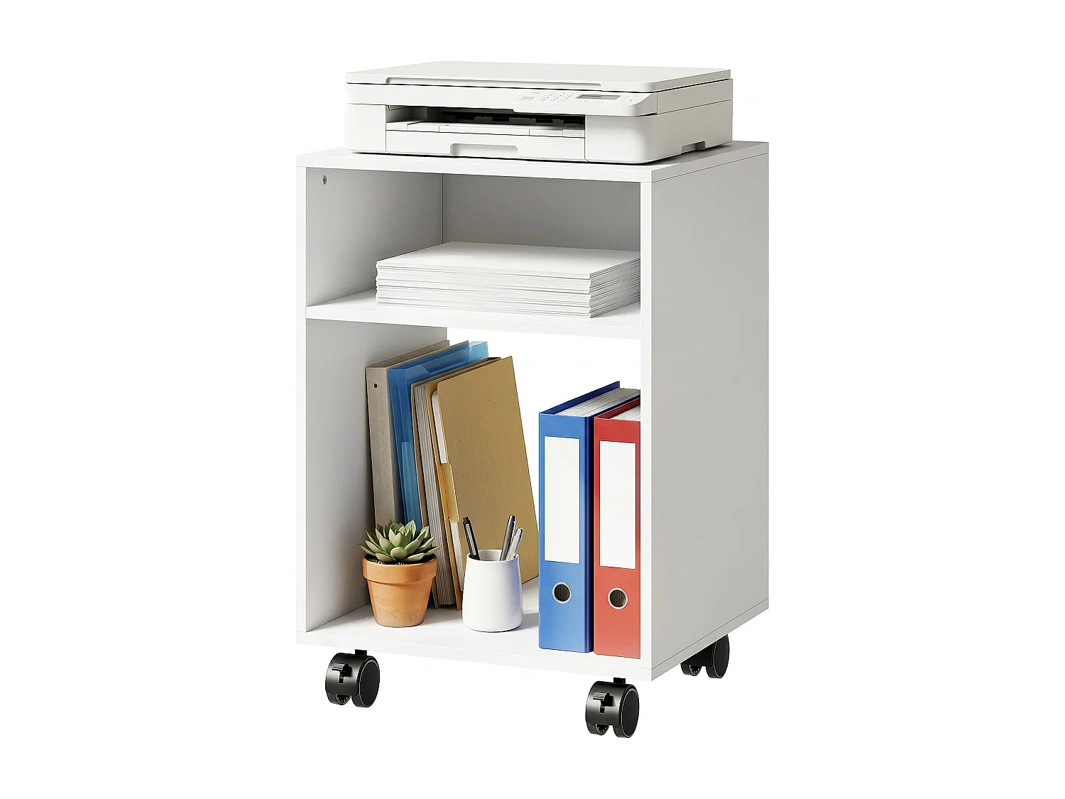 Mobile porta stampante con 2 scomparti aperti in legno bianco