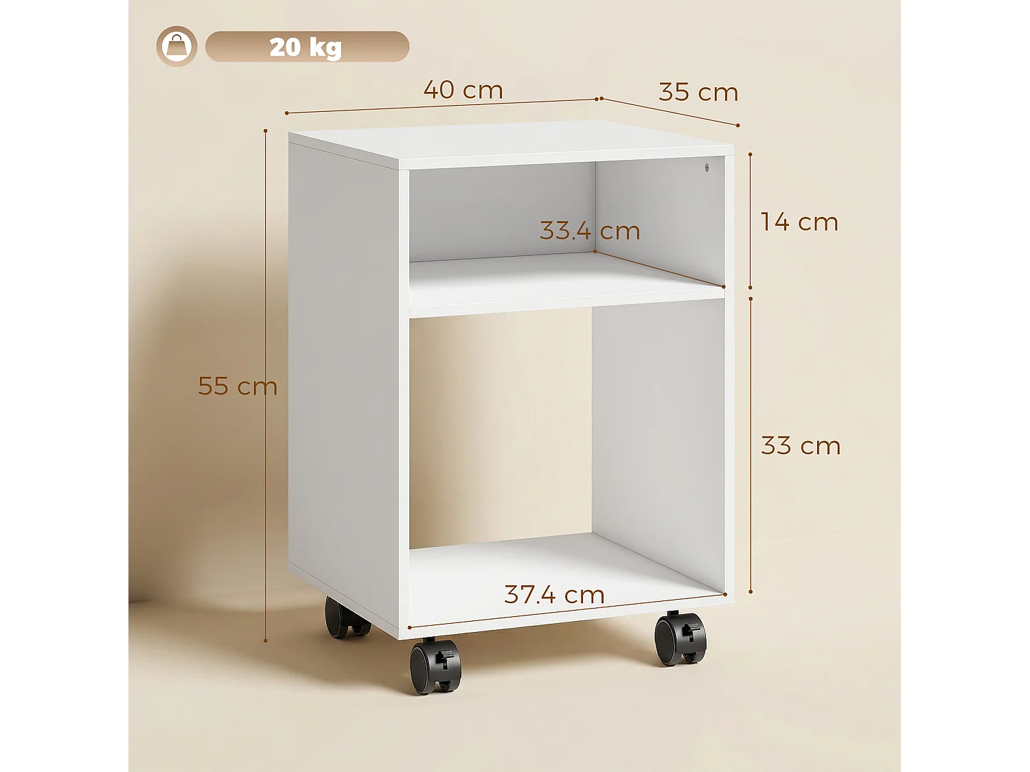 Mobile porta stampante con 2 scomparti aperti in legno bianco