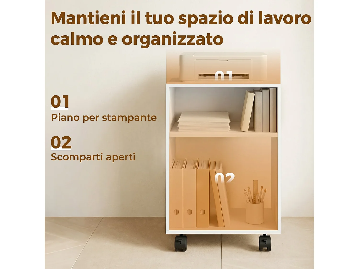 Mobile porta stampante con 2 scomparti aperti in legno bianco