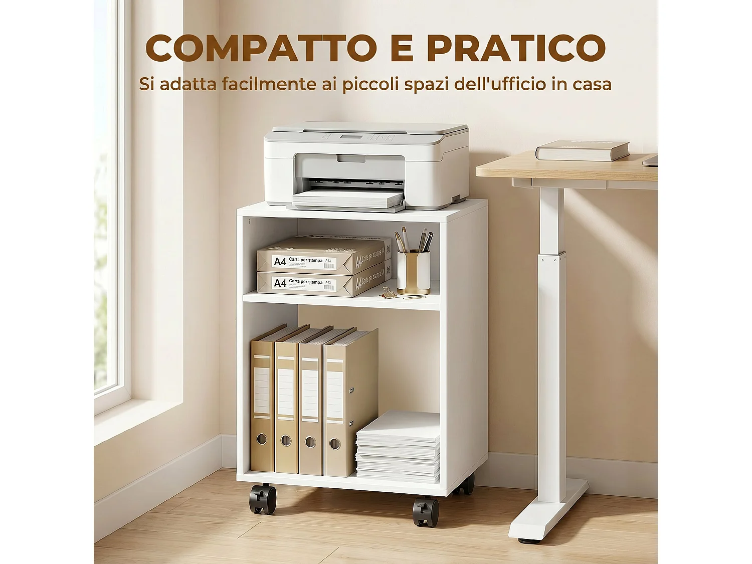 Mobile porta stampante con 2 scomparti aperti in legno bianco