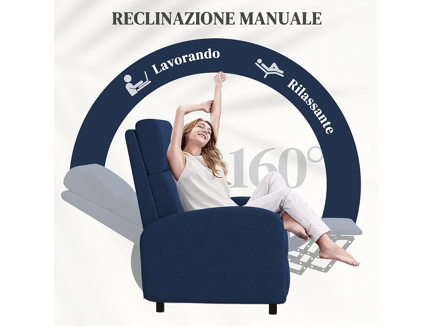 Poltrona reclinabile 160° con poggiapiedi in tessuto blu