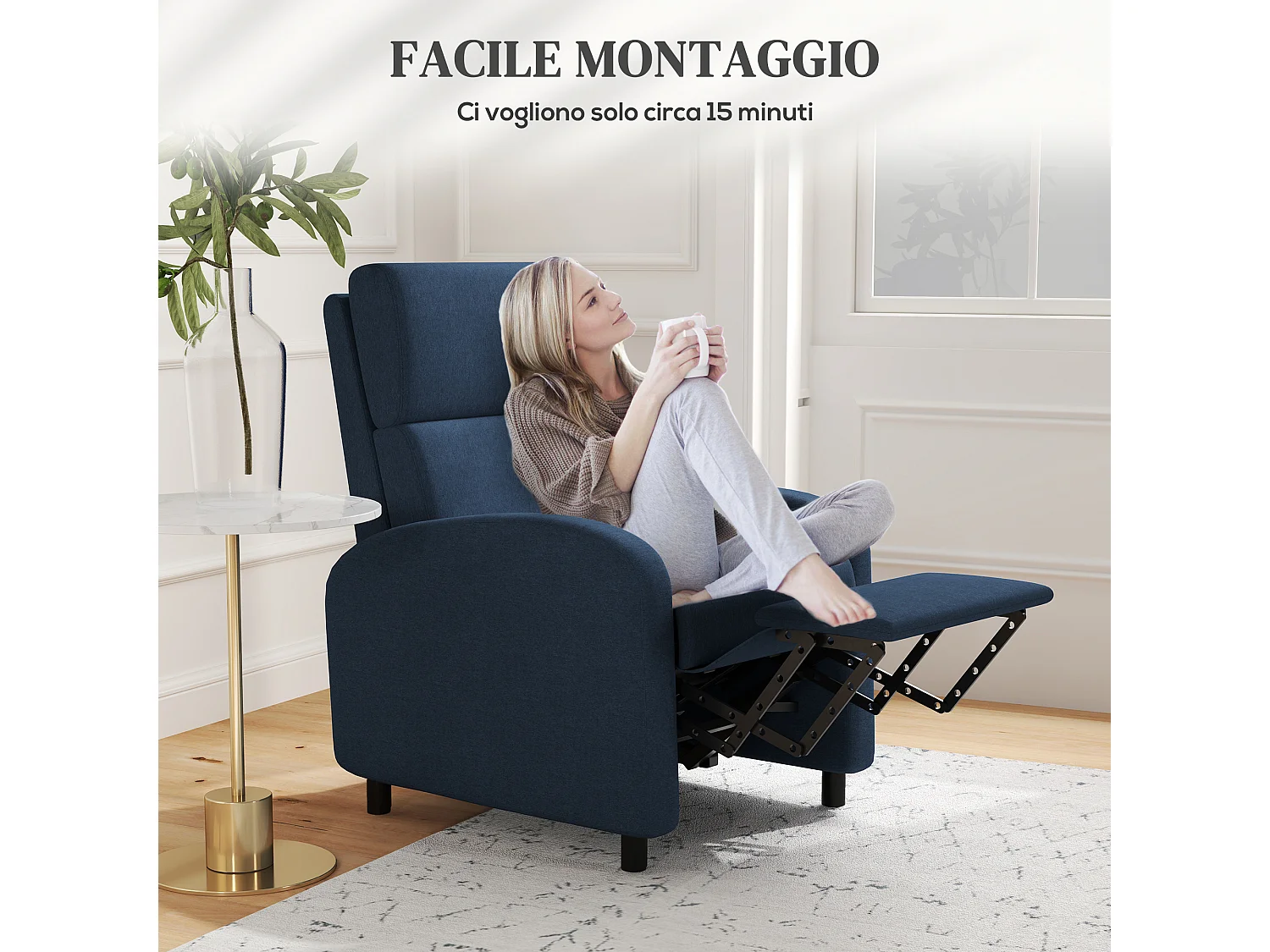 Poltrona reclinabile 160° con poggiapiedi in tessuto blu