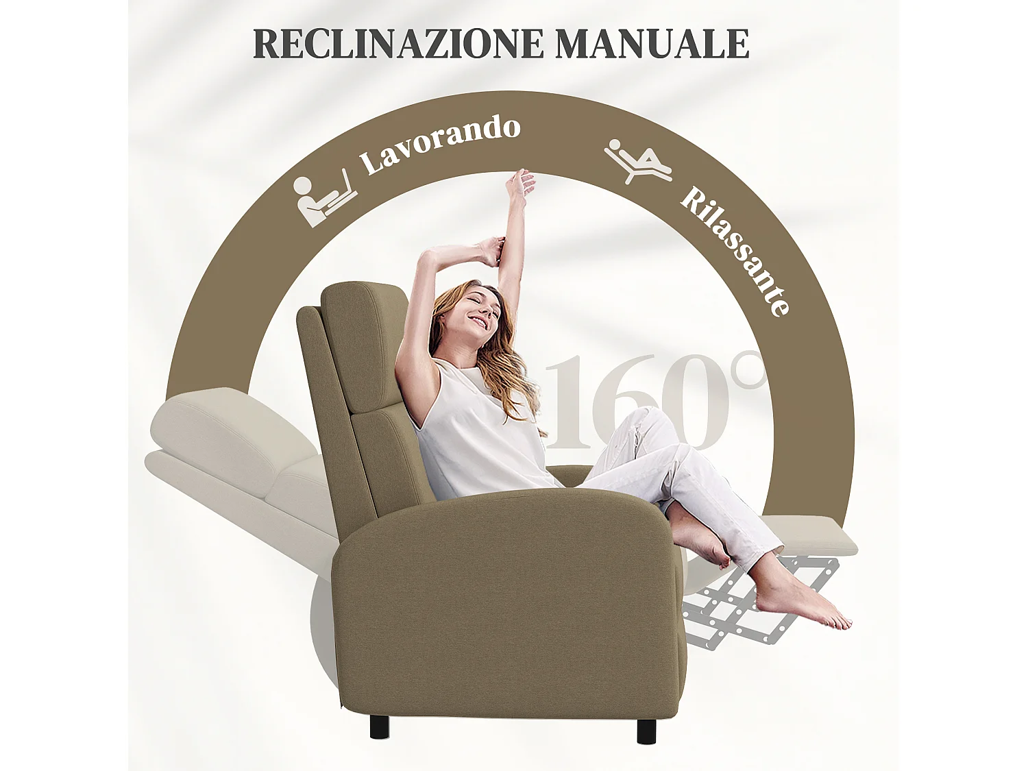 Poltrona reclinabile 160° con poggiapiedi in tessuto beige