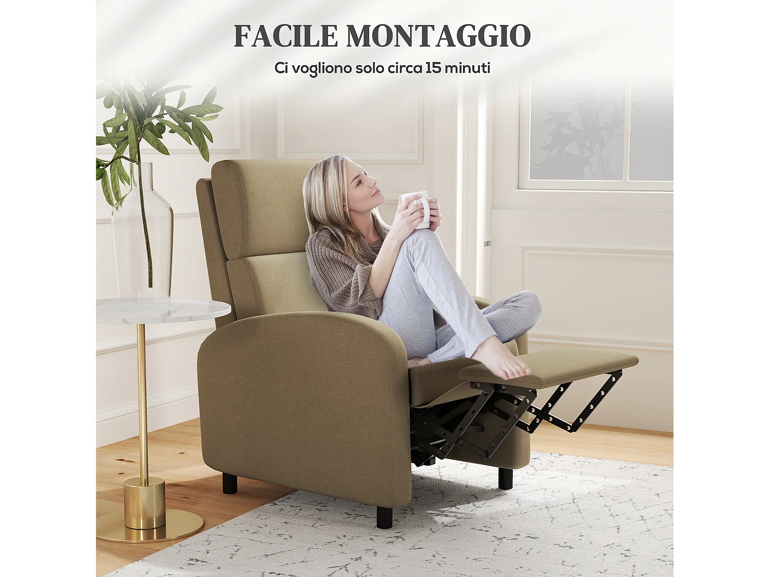 Poltrona reclinabile 160° con poggiapiedi in tessuto beige