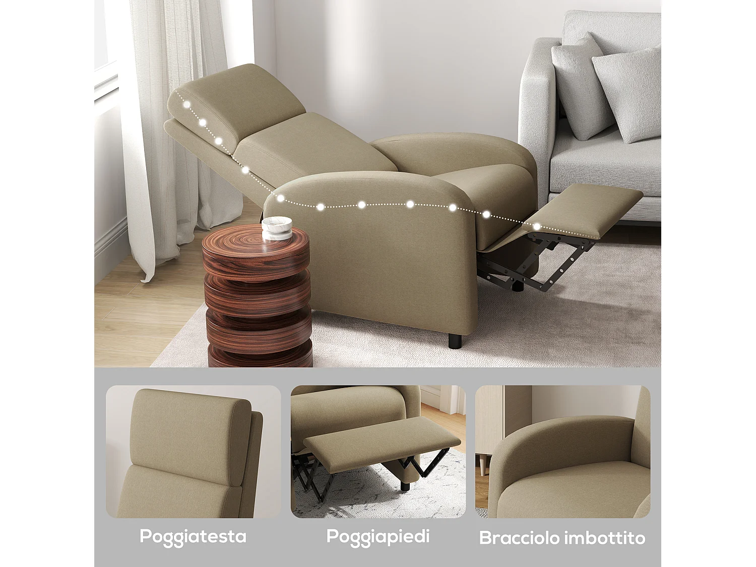 Poltrona reclinabile 160° con poggiapiedi in tessuto beige