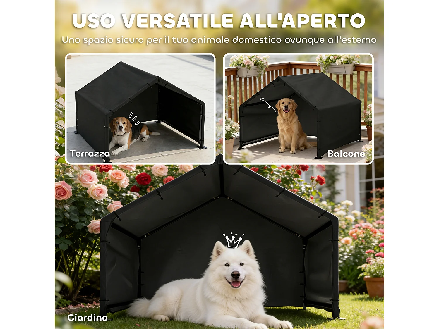 Cuccia per cani da esterno con tettuccio impermeabile nero