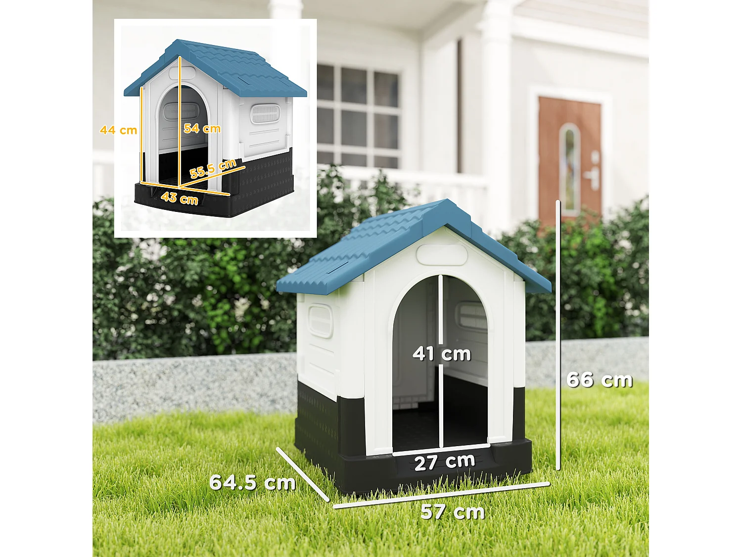 Cuccia per cani piccoli da esterno con finestre in plastica blu