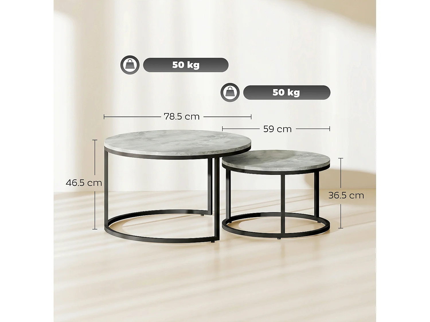 Set 2 tavolini da salotto rotondi effetto marmo grigio