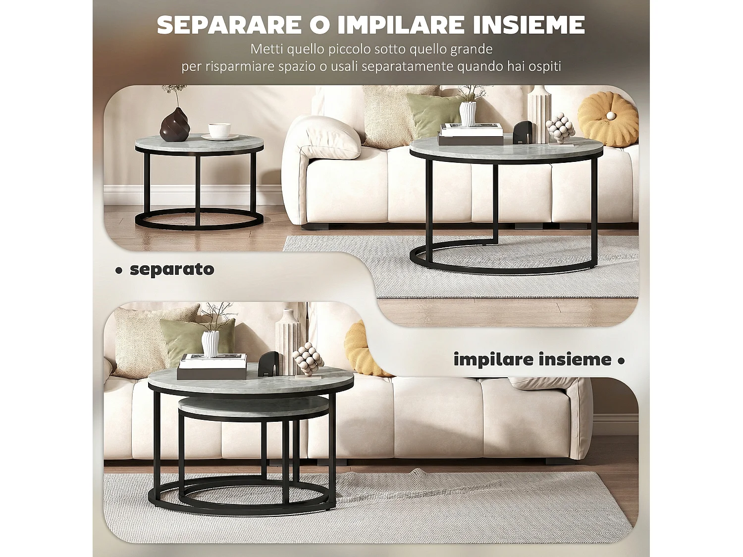 Set 2 tavolini da salotto rotondi effetto marmo grigio