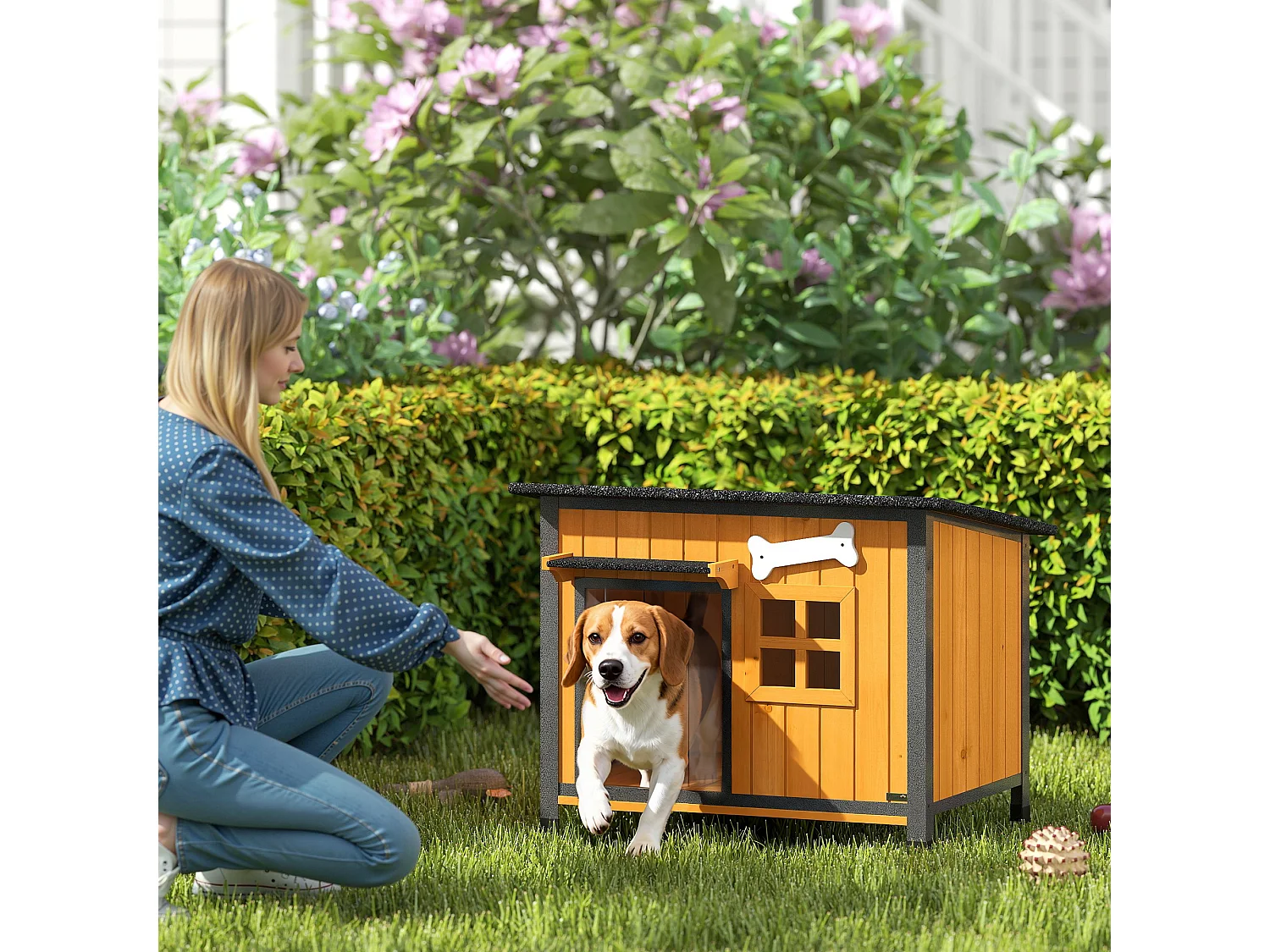 Cuccia per cani da esterno con tetto apribili in legno giallo