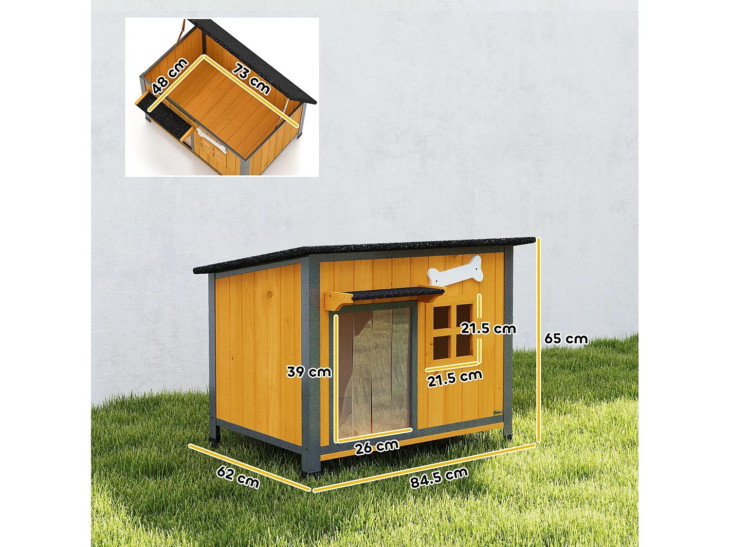 Cuccia per cani da esterno con tetto apribili in legno giallo