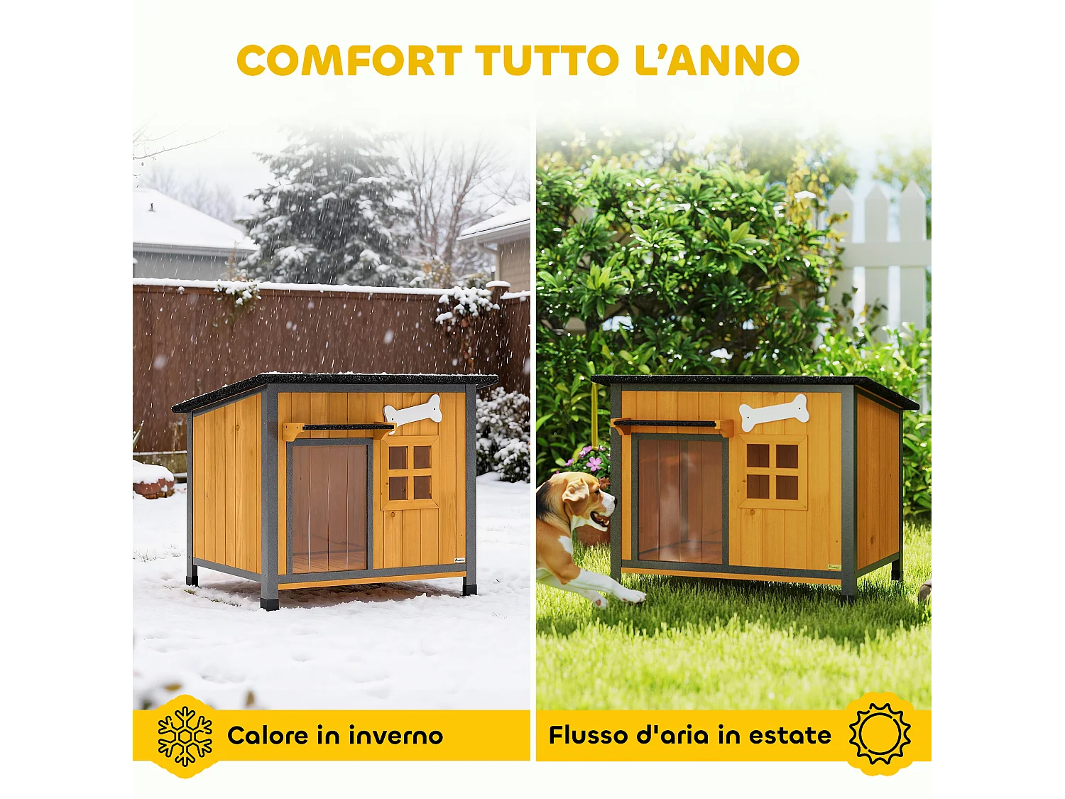 Cuccia per cani da esterno con tetto apribili in legno giallo