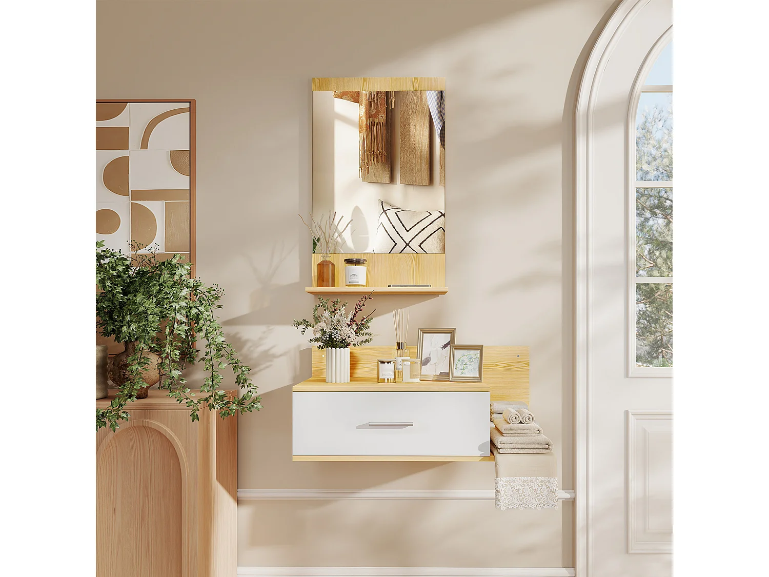 Set da ingresso con specchio e mobiletto a parete in legno