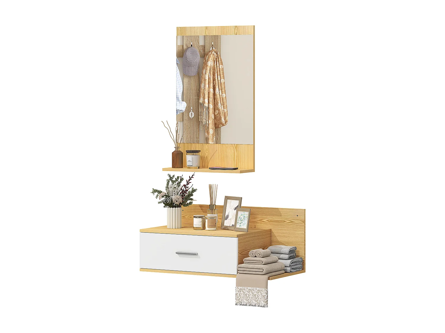 Set da ingresso con specchio e mobiletto a parete in legno