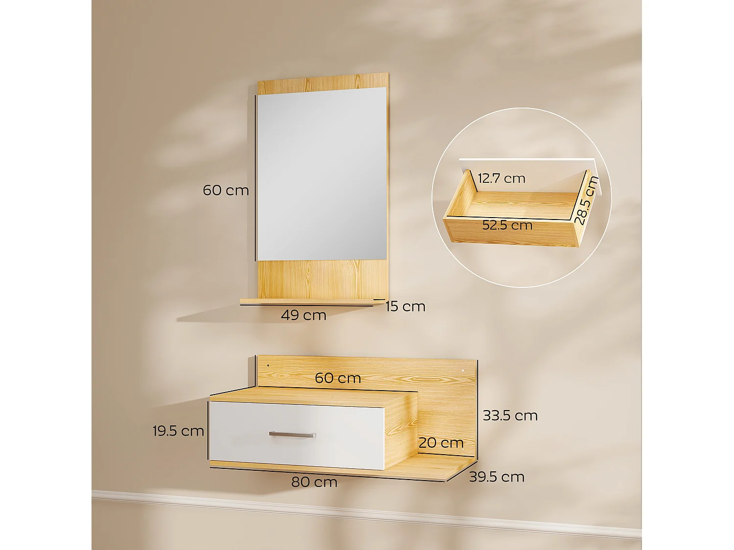 Set da ingresso con specchio e mobiletto a parete in legno