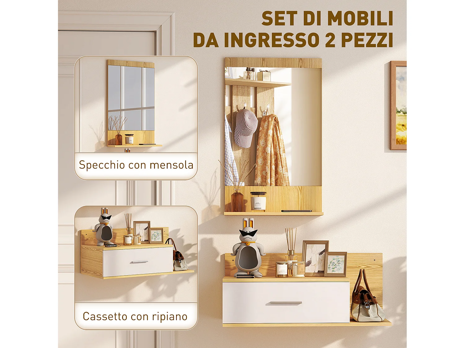 Set da ingresso con specchio e mobiletto a parete in legno