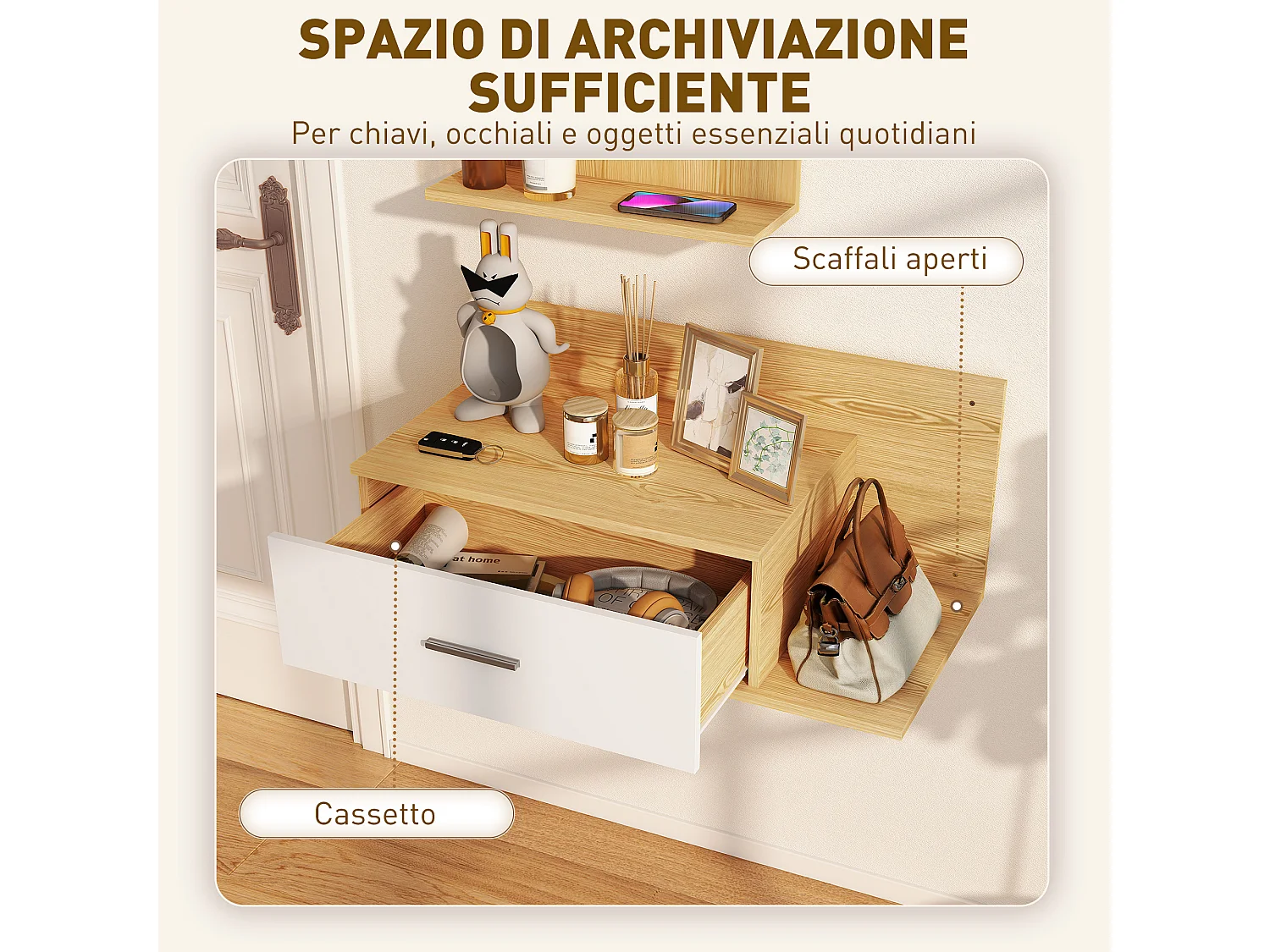 Set da ingresso con specchio e mobiletto a parete in legno