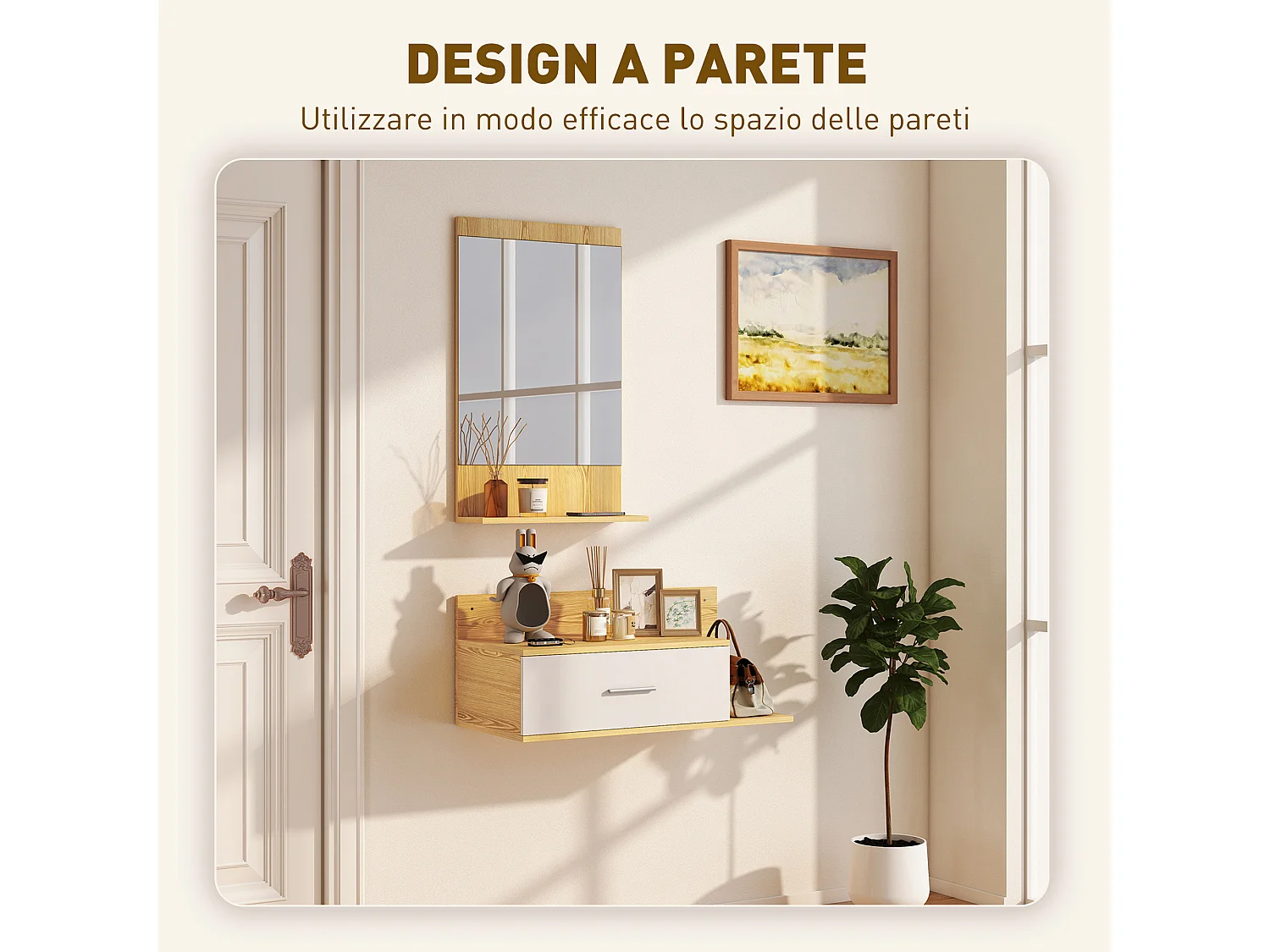 Set da ingresso con specchio e mobiletto a parete in legno