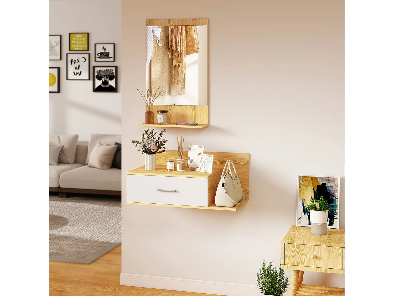 Set da ingresso con specchio e mobiletto a parete in legno