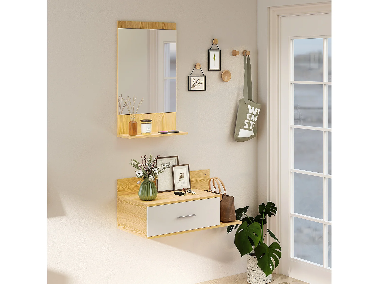 Set da ingresso con specchio e mobiletto a parete in legno