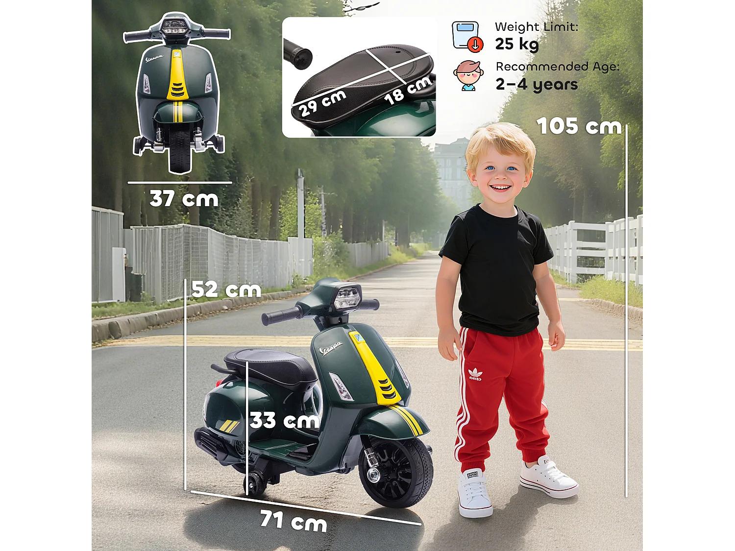 Moto elettrica per bambini con licenza vespa età 2-6 anni verde