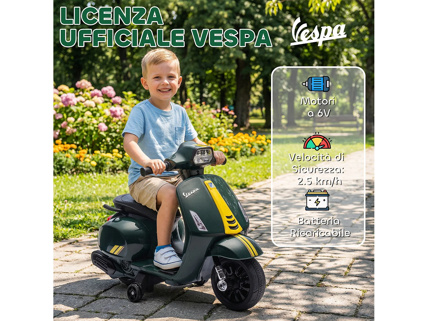 Moto elettrica per bambini con licenza vespa età 2-6 anni verde