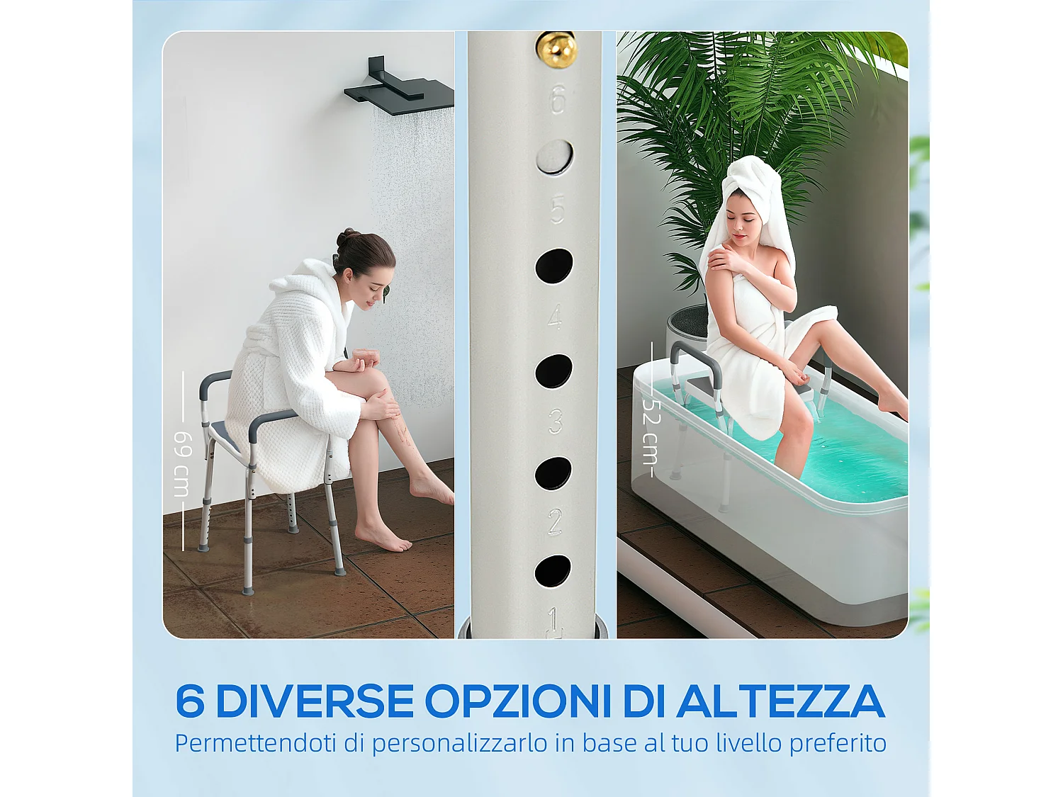 Sgabello per doccia ad altezza regolabile con braccioli grigio