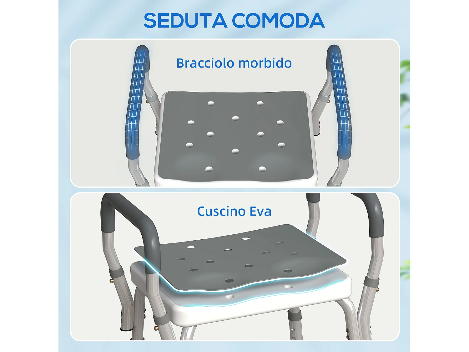 Sgabello per doccia ad altezza regolabile con braccioli grigio