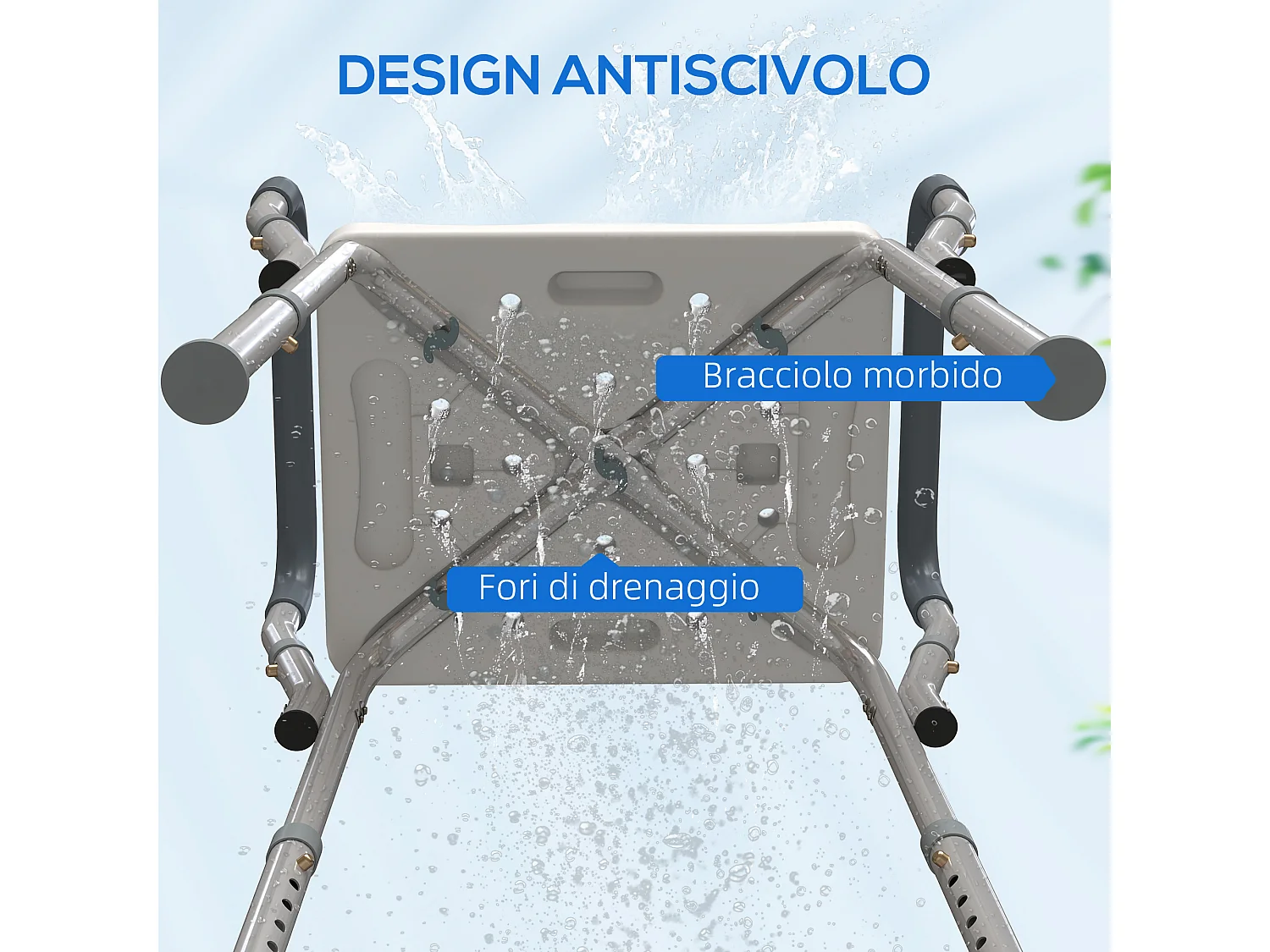 Sgabello per doccia ad altezza regolabile con braccioli grigio