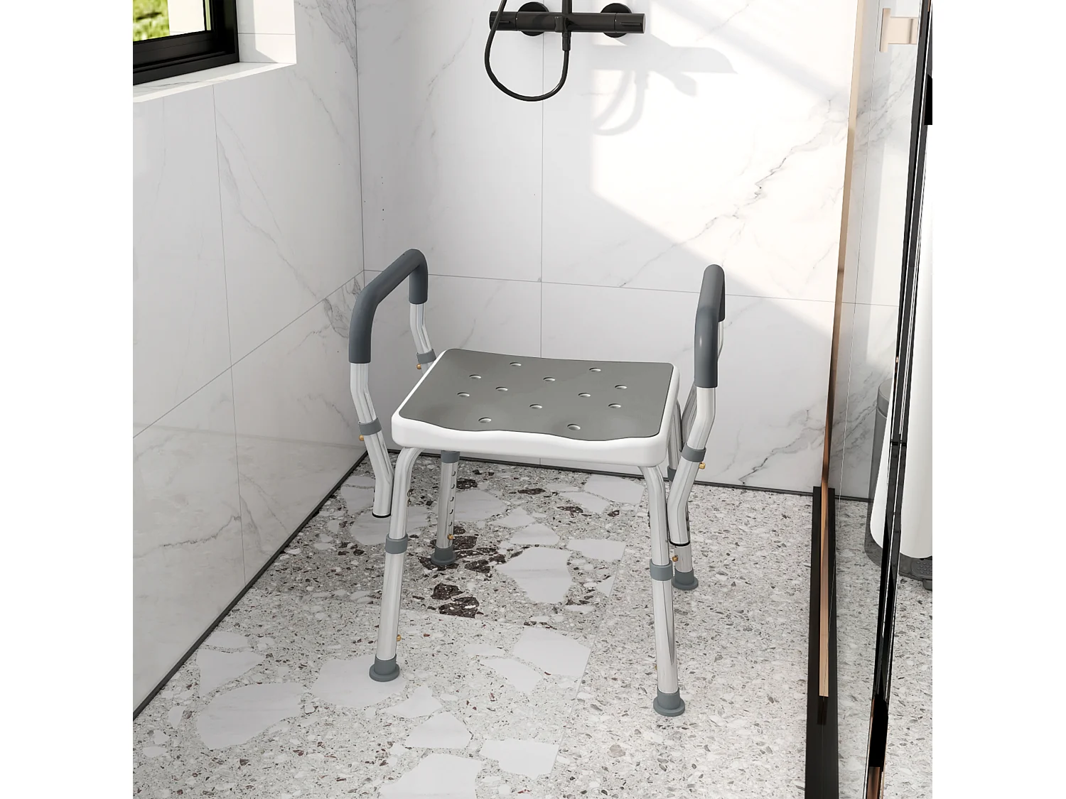 Sgabello per doccia ad altezza regolabile con braccioli grigio