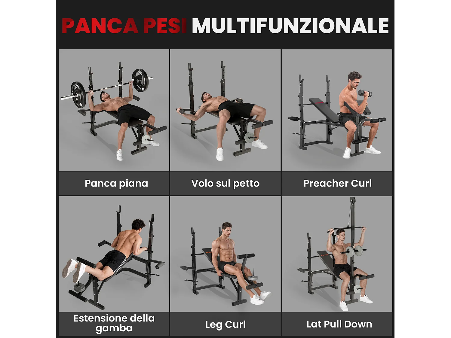 Panca palestra multifunzione regolabile con rack bilanciere nero