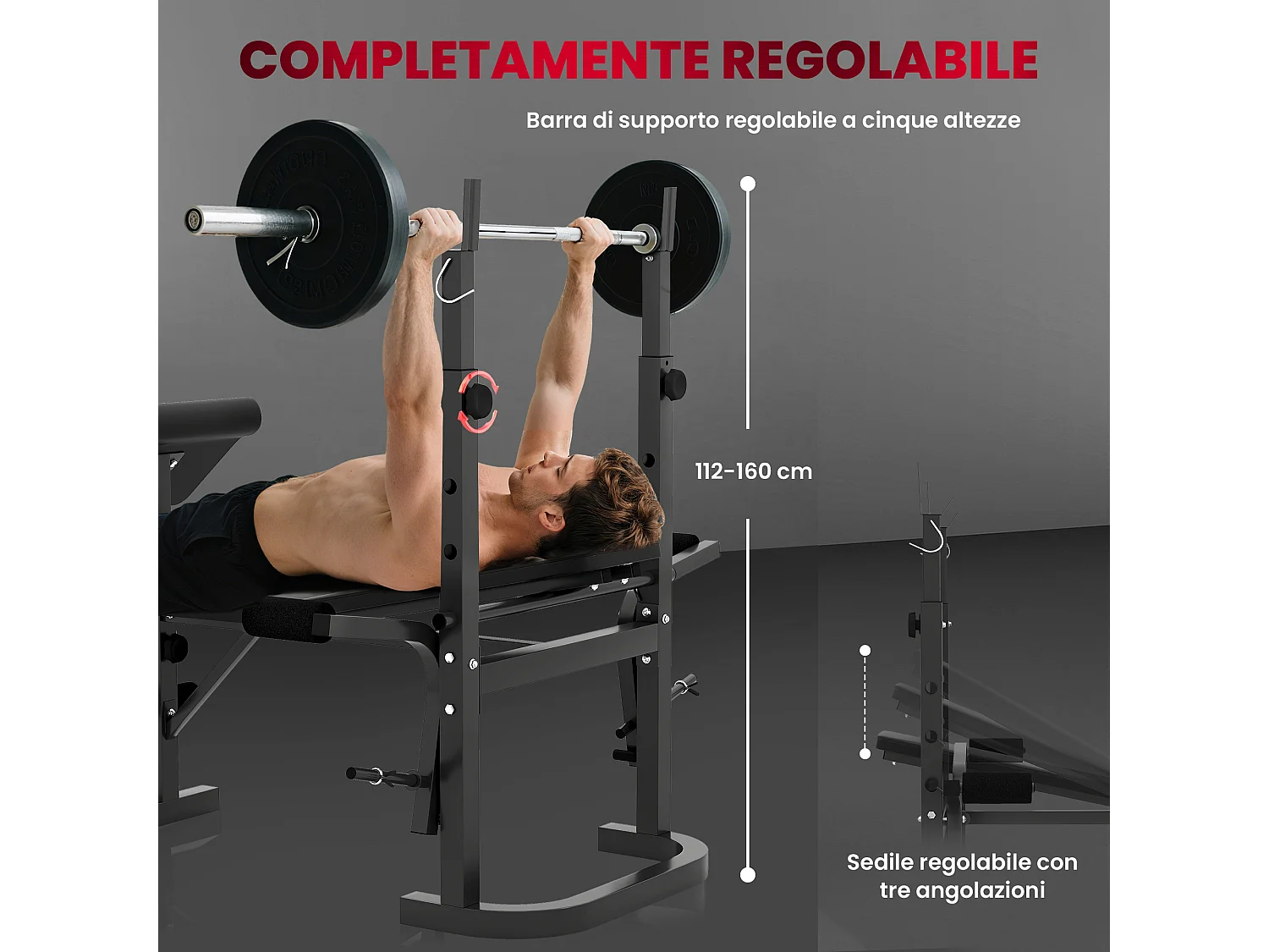 Panca palestra multifunzione regolabile con rack bilanciere nero