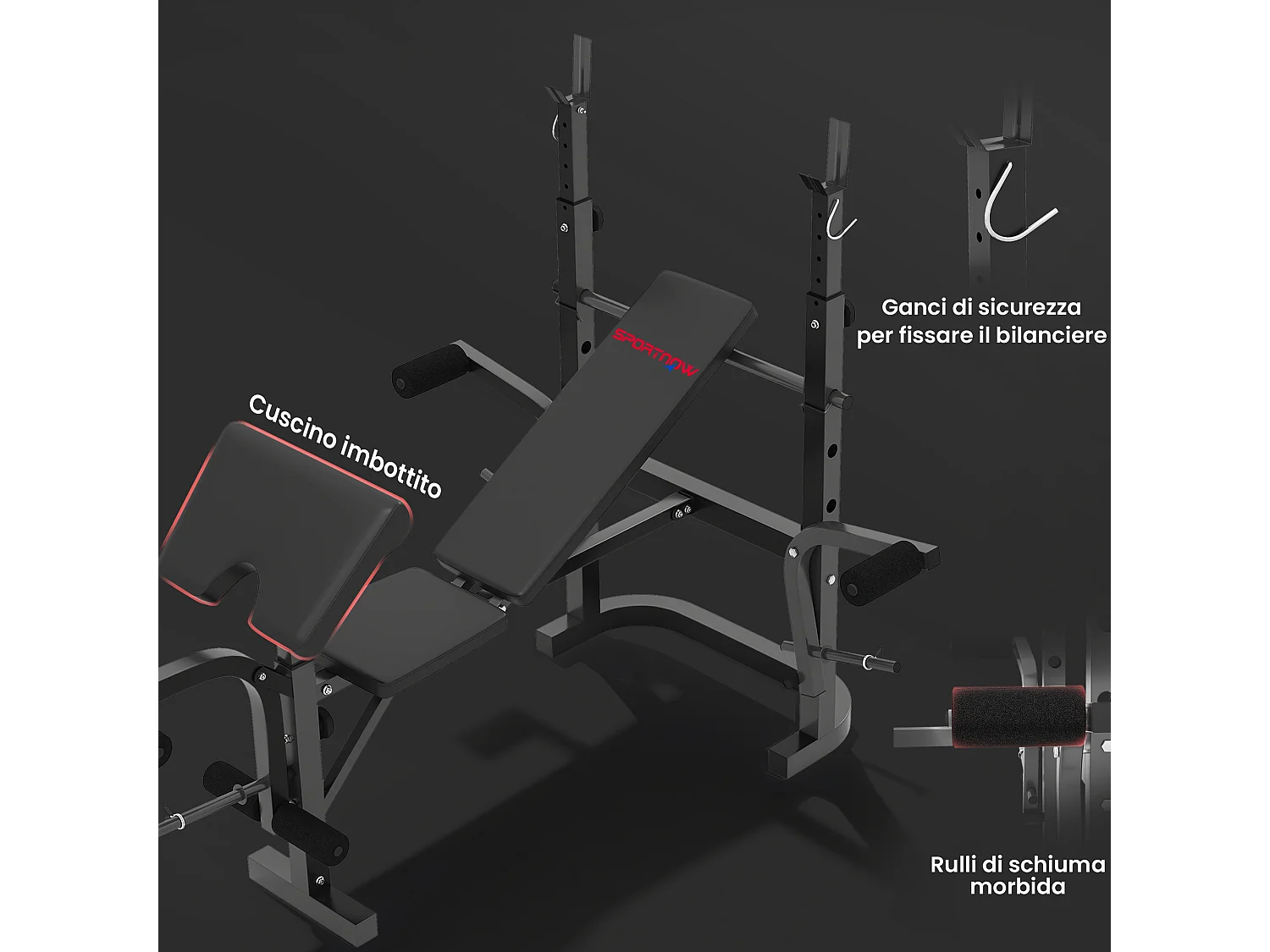 Panca palestra multifunzione regolabile con rack bilanciere nero
