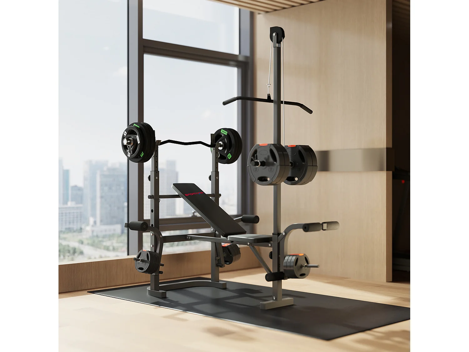 Panca palestra multifunzione regolabile con rack bilanciere nero