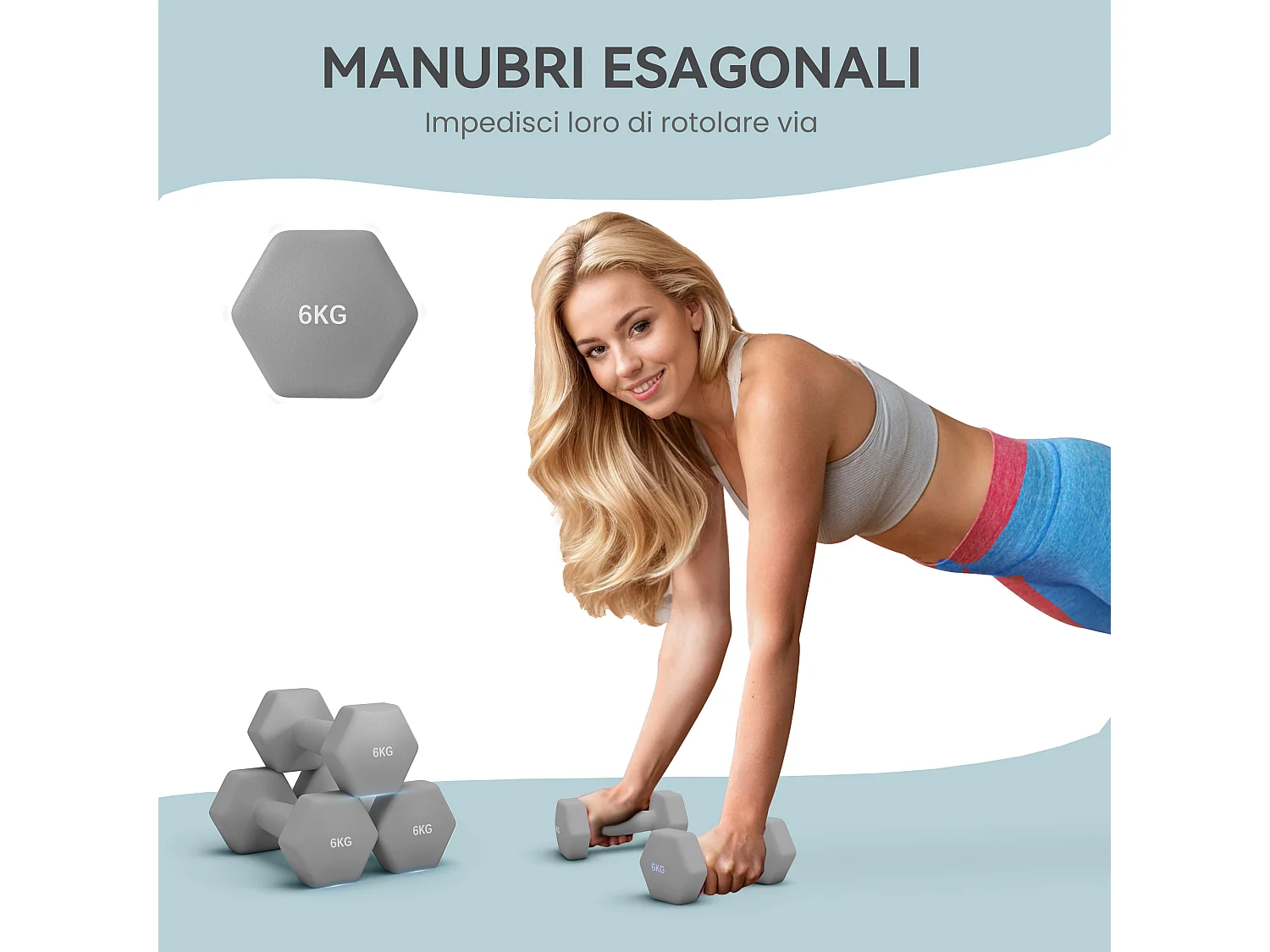 Set 2 manubri esagonali da 2x6 kg con impugnatura antiscivolo grigio