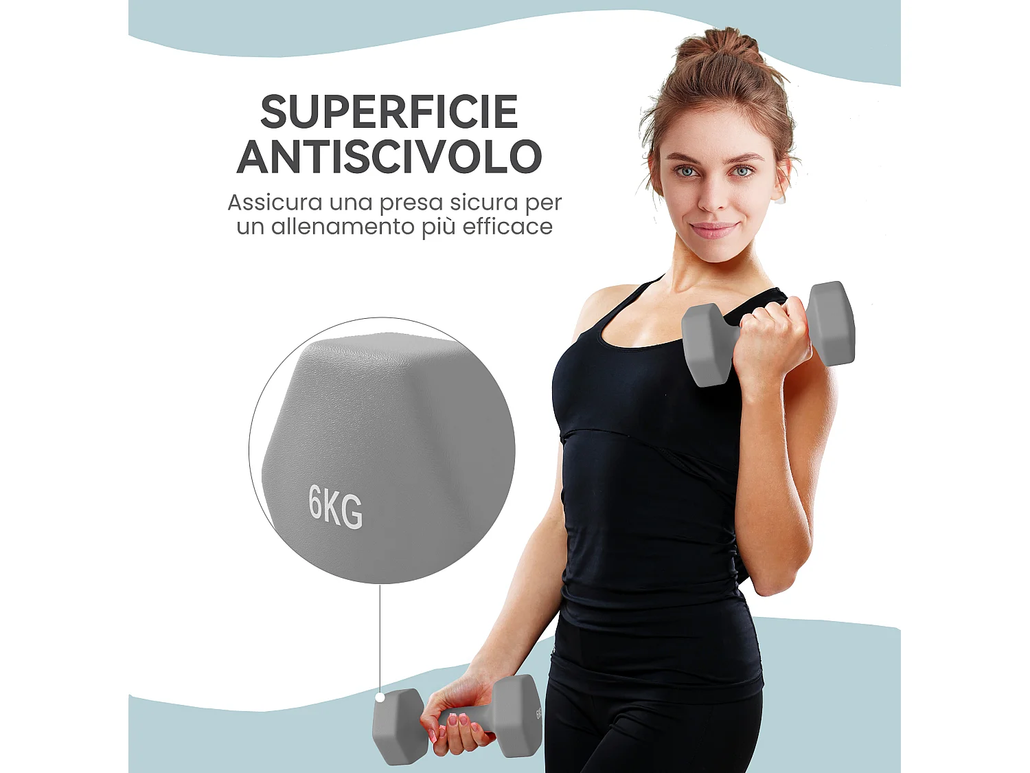 Set 2 manubri esagonali da 2x6 kg con impugnatura antiscivolo grigio