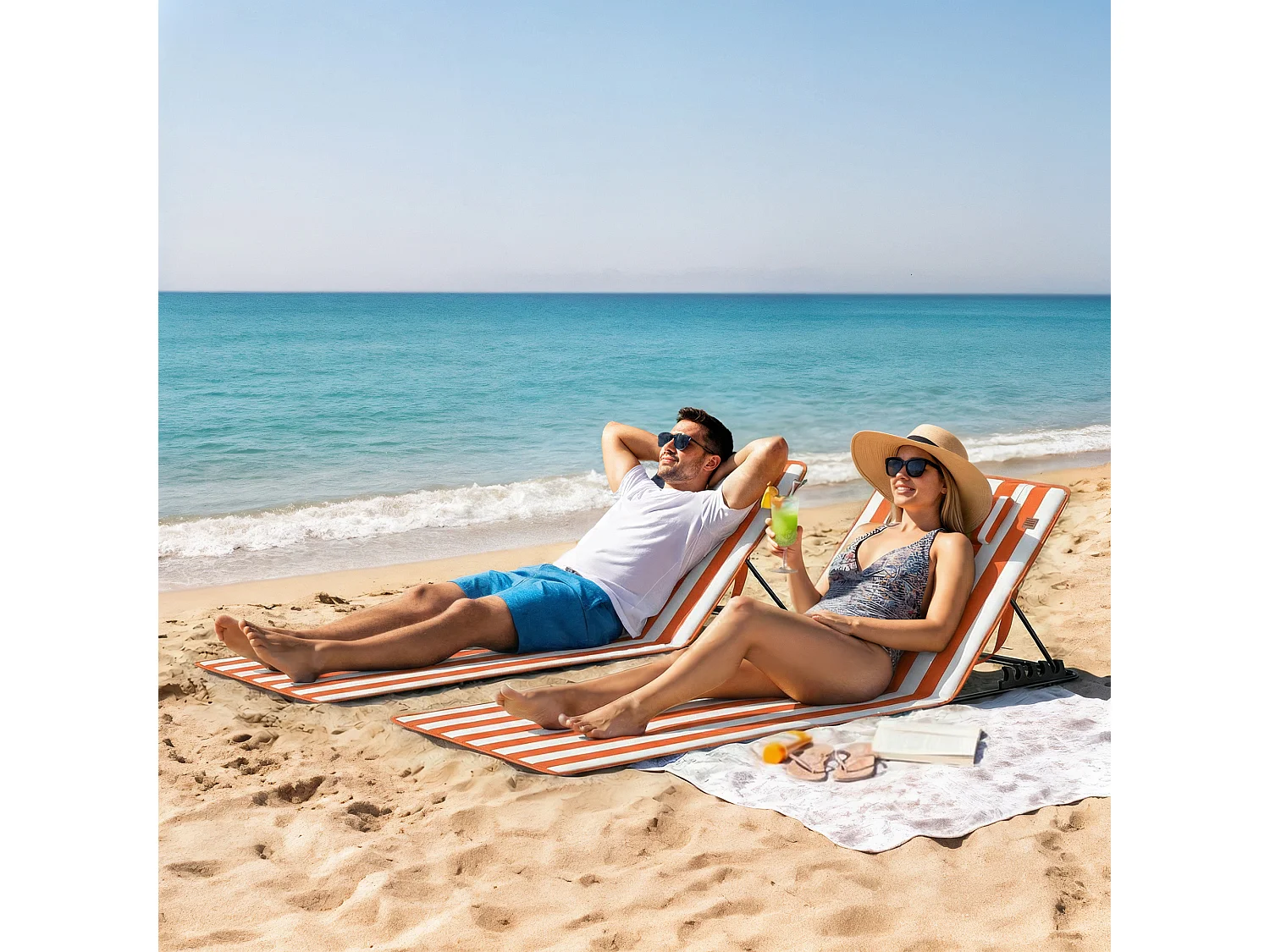 Set 2 lettini spiaggia pieghevoli regolabili in tessuto arancione bianco