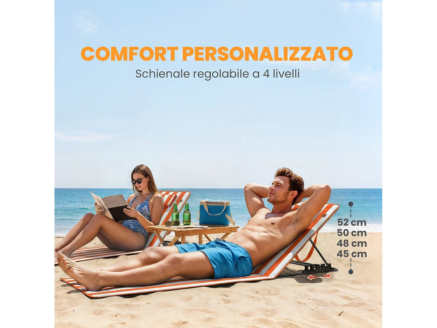 Set 2 lettini spiaggia pieghevoli regolabili in tessuto arancione bianco