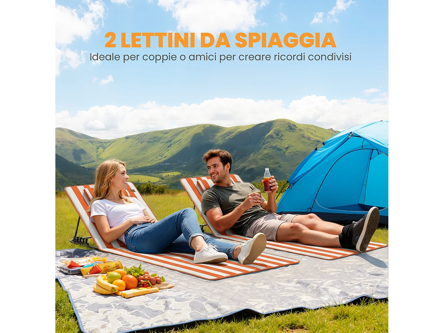 Set 2 lettini spiaggia pieghevoli regolabili in tessuto arancione bianco