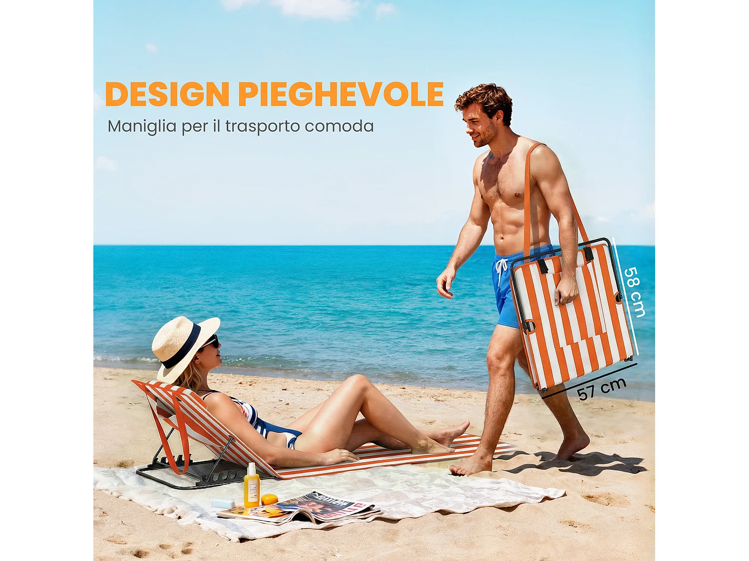 Set 2 lettini spiaggia pieghevoli regolabili in tessuto arancione bianco