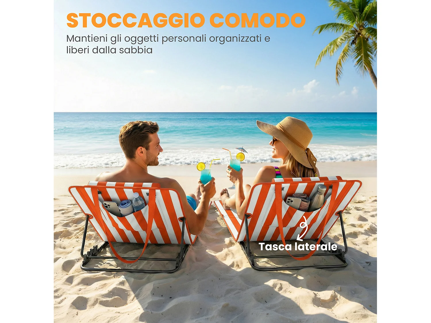 Set 2 lettini spiaggia pieghevoli regolabili in tessuto arancione bianco