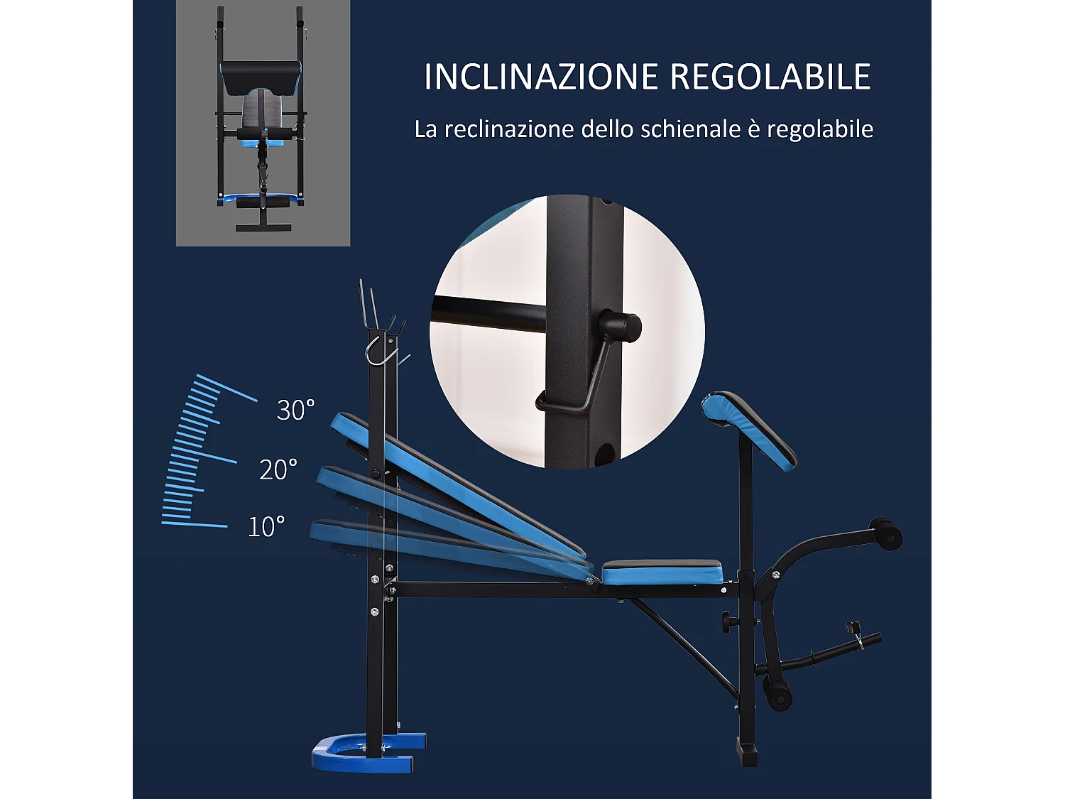 Panca multifunzione con supporto bilanciere nero e blu