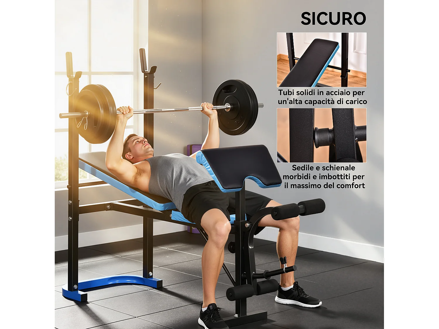 Panca multifunzione con supporto bilanciere nero e blu