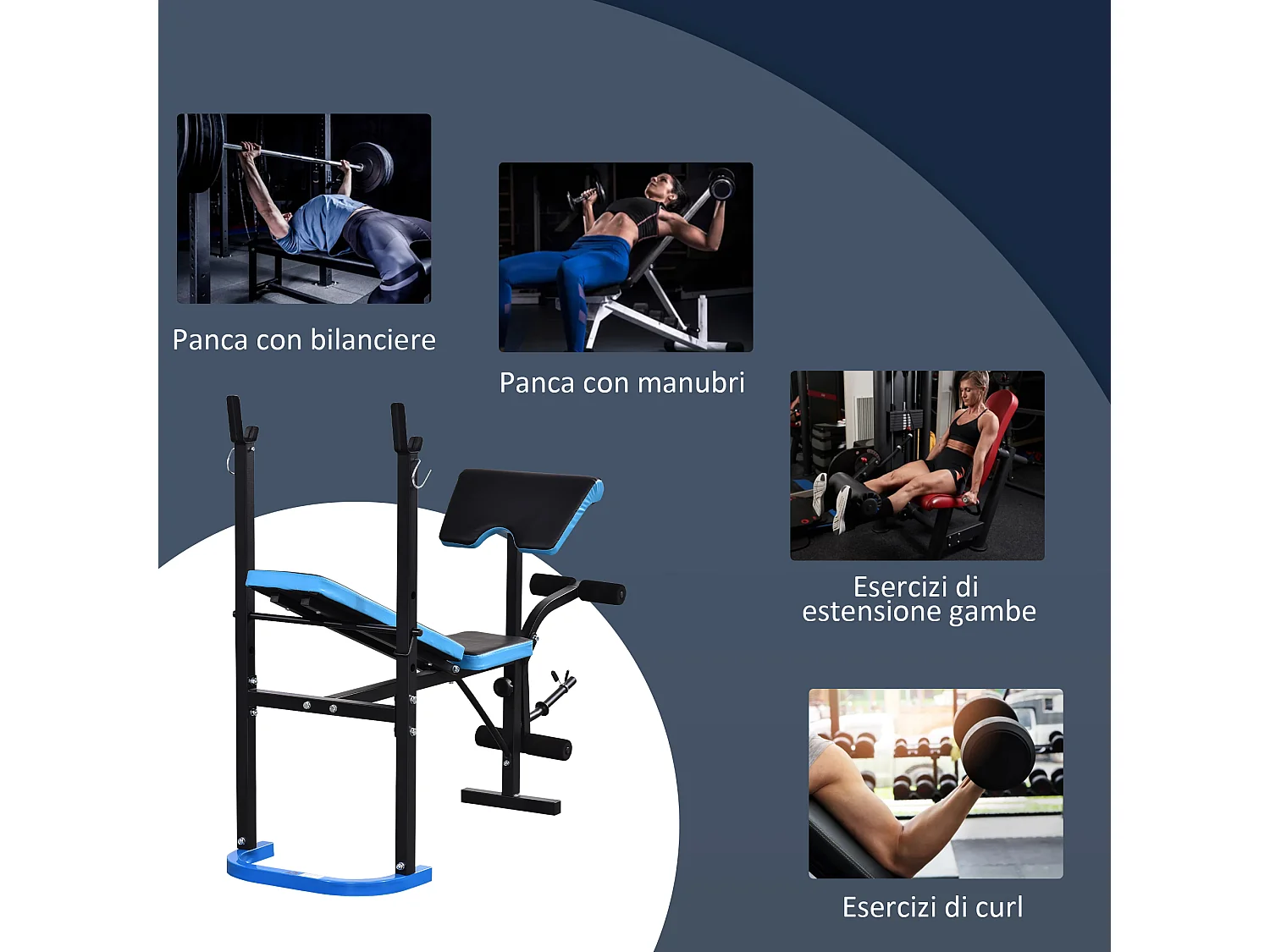 Panca multifunzione con supporto bilanciere nero e blu
