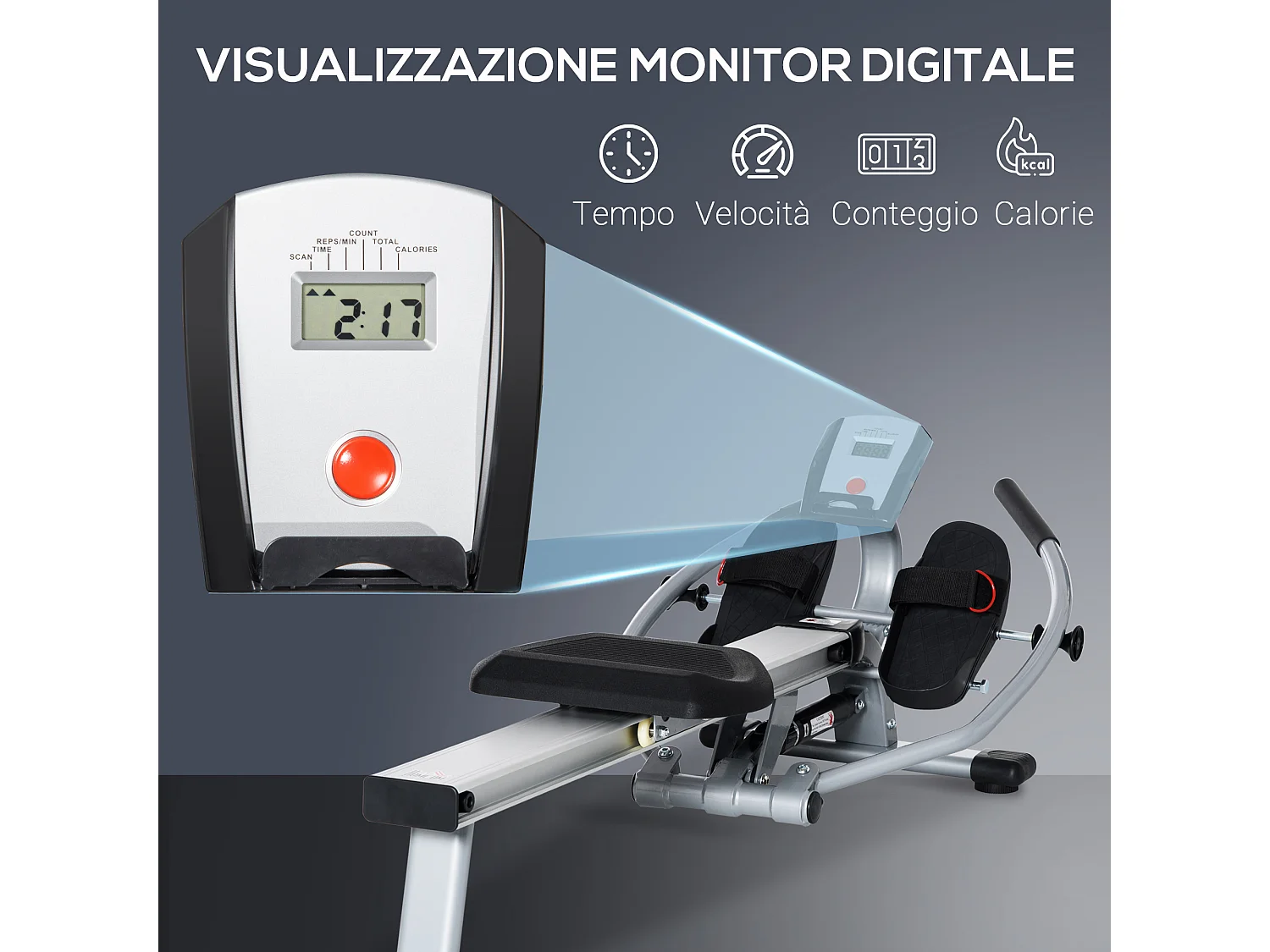 HOMCOM Vogatore da Casa in Alluminio con Monitor Digitale e Pedali