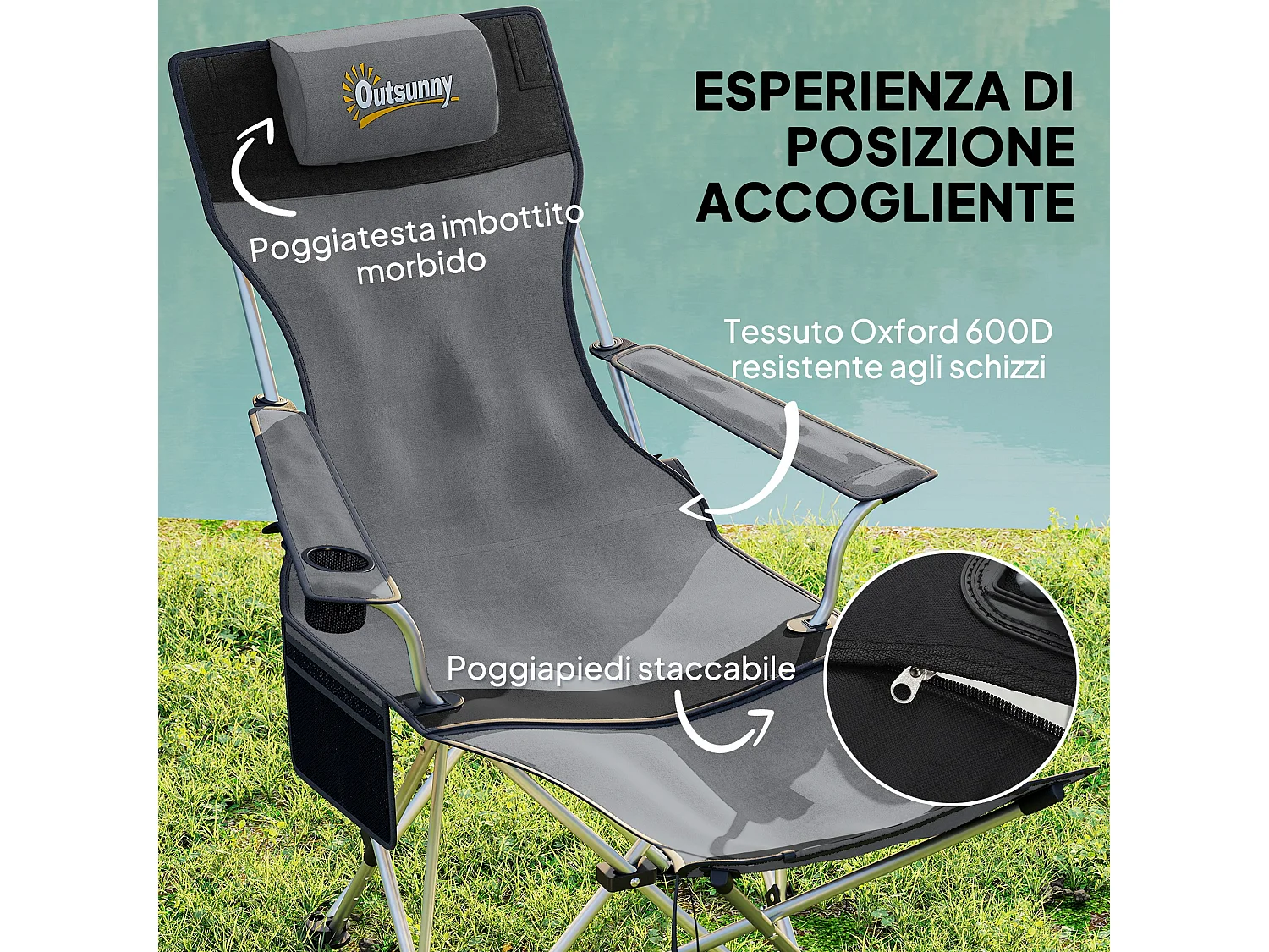 Set 2 sedie da campeggio pieghevoli reclinabili con poggiapiedi grigio