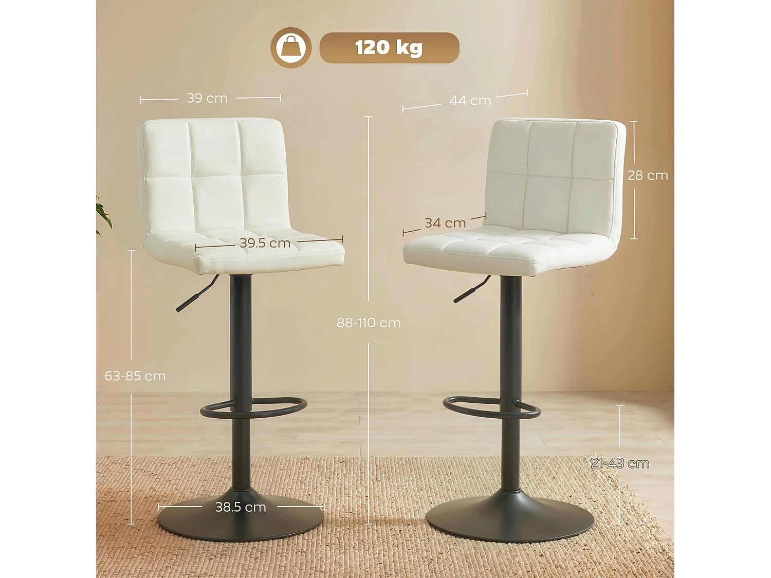Set 2 sgabelli bar con poggiapiedi 39.5x44x88-110 cm crema