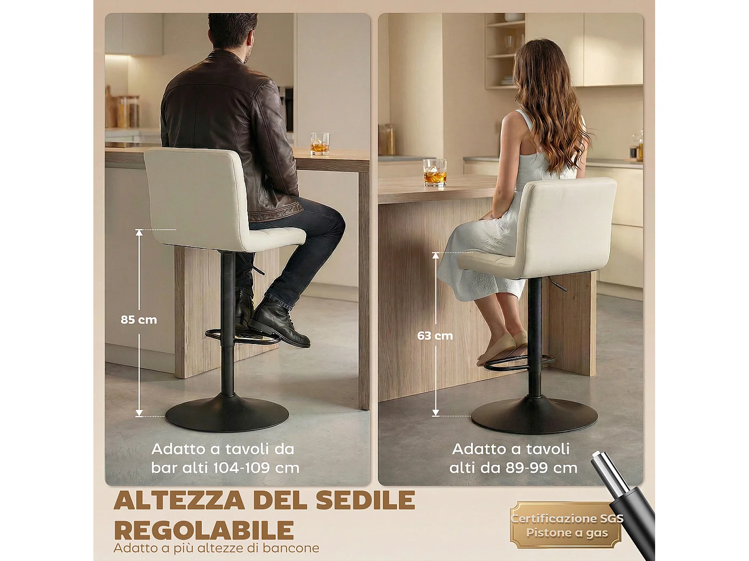 Set 2 sgabelli bar con poggiapiedi 39.5x44x88-110 cm crema