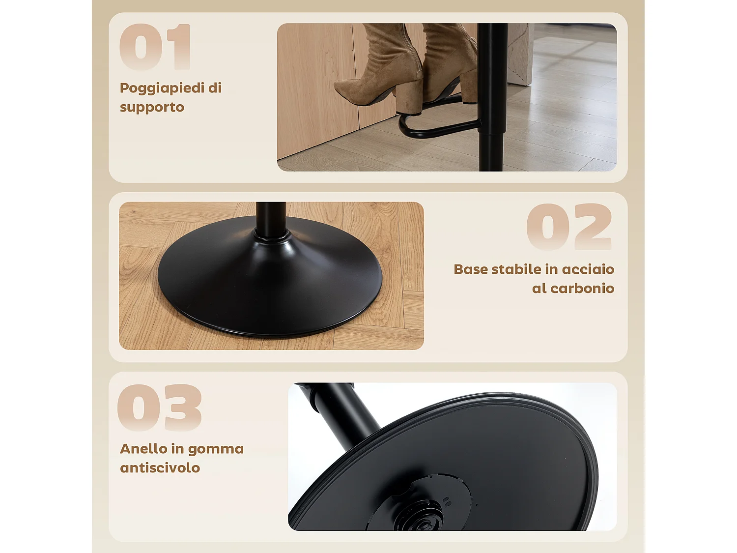 Set 2 sgabelli bar con poggiapiedi 39.5x44x88-110 cm crema